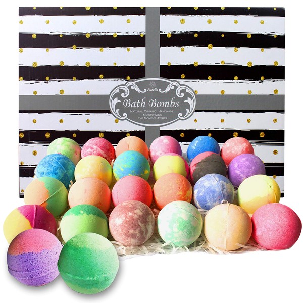 Bath Bombs Gift Set for Women and Men. 24 Luxury Bath Bombs Individually Wrapped Bulk Box. Moisturizing Organic Bath Bombs for Women, Men and Kids! Best Bath Bomb Set for Teens Too! Gifts for Him