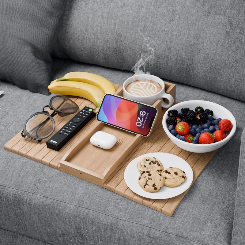 Croon Bamboo Sofa Arm Tray with Wireless Charger for Mobiles,
