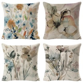 HIQE-FL Pack of 4 Linen Cushion Covers, 45 x 45 cm, Ink Painting, Autumn Theme, Thanksgiving, Living Room, Bedroom, Office, Cafe, Patio, Sofa, Bench, Chair, Couch, Indoor and Outdoor Use