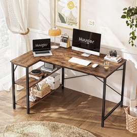 Huuger 47 Inches L Shaped Desk, Computer Desk with Reversible Storage Shelves, for Gaming Corner Home Office Writing Study, Metal Frame, Rustic Brown