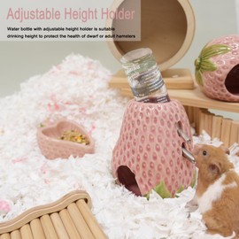 Hamster Water Bottle, Strawberry Ceramic Hamster Water Bottle for Glass Tank, 80ML Water Bottle Holder with 2 No Drip Caps for Syrian Dwarf Hamster Mice Gerbil