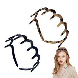 2 Pcs 90s Zig Zag Headband,Plastic Zig Zag Wavy Headband, Non-Slip Shark Tooth Hair Band, Unisex Hair Ties Accessories (Black, Amber)