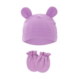 FATASH Baby Hat and Mittens Set (0-3 Months) for Newborn Boys & Girls, Breathable Soft Cotton No-Scratch Gloves & Lightweight Warm Bunny Ear Cap, Unisex Infant Daily Wear Winter Accessories - Lilac