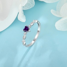 Veshon 925 Sterling Silver Heart Amethyst Ring, Cubic Zirconia Stackable Birthstone Engagement Promise Bands Rings Valentine's Day Jewelry Gift for Women Wife Girlfriend, Size 5