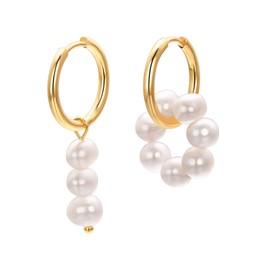 Vissen Pearl Dangle Hoop Earrings for Women Gold Plated Hoop Long White Pearl Earrings Hypoallergenic Jewelry