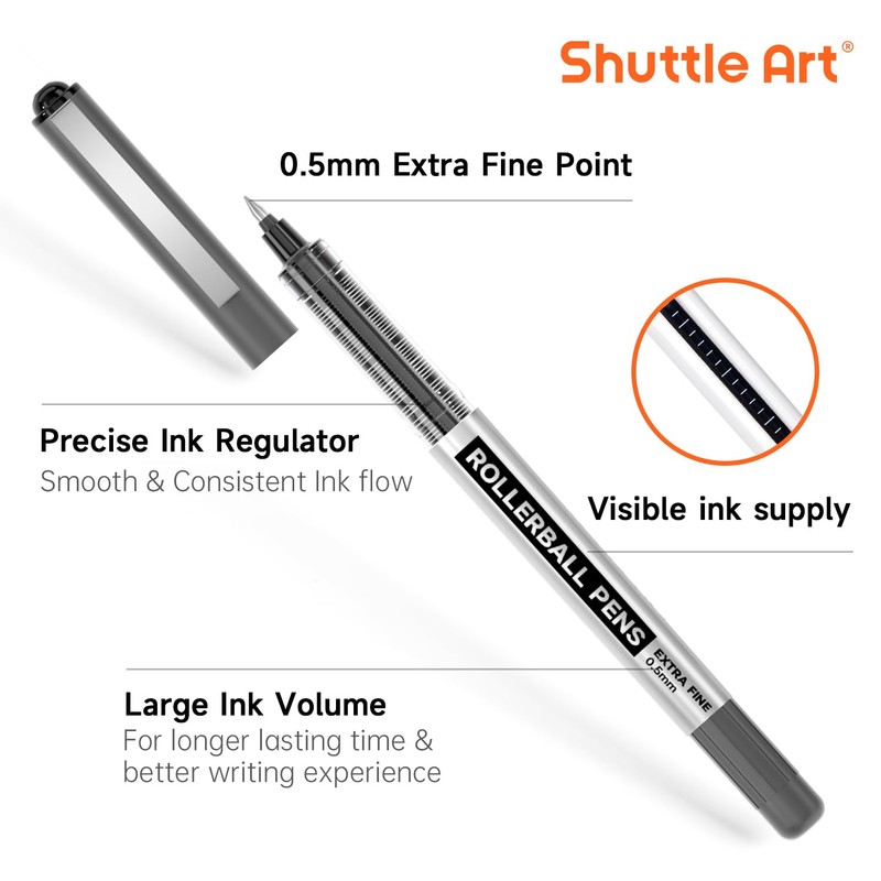 Shuttle Art RollerBall Pens, 50 Pack Black Fine Point Roller