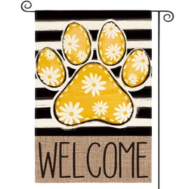 AVOIN colorlife Yellow Paw Print Spring Garden Flag 12x18 Inch Double Sided Outside, Daisy Floral Welcome Stripes Yard Outdoor Flag