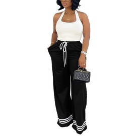 Nimsruc Wide Leg Sweatpants for Women High Waisted Drawstring Casual Loose Long Pants with Pockets Black XXL