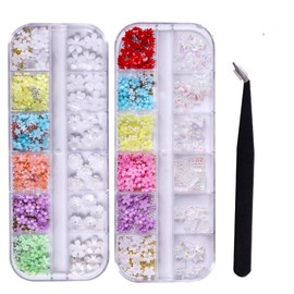 Chunmeng 12 Grid 3D Acrylic Colorful Nail Decoration Flower Nail Accessories DIY Nail Art Accessories for Women 2 Box 1 Pair Of Tweezers