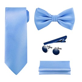 Tie G - Juego de 5 corbatas en caja de regalo, color blanco o negro: corbata de color sólido, pajarita de satén, cuadrado de bolsillo, solapa, gemelos, D- Caja negra azul cielo, Regular