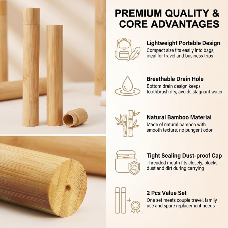 2 Pcs Travel Bamboo Toothbrush Case with Breathable Drain Hole