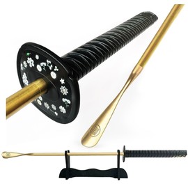Samurai Sword Style 35" Brass Shoe Horn Set - 5 PCS Luxury Kit with Wall Hook, Wooden Katana Stand, Travel Horn & Daisy Stickers (Lucky Fu Character Engraved, Non-Slip Handle, Premium Gift Ready)