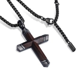 Wooden Cross Necklace for Men - Black Stainless Steel & Ebony Wood Adjustable Box Chain 24-26in, Spiritual Jewelry Gift for Him, Everyday Wear