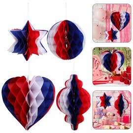 STOBAZA 4th of July Decor - Independence Day Honeycomb Pendant Decor Red Blue and White Paper Fans Poms for Fourth of July Patriotic Decorations Wedding Graduation Independence Day