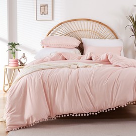 YIRDDEO King Size Comforter Set - King Size Comforter with Ball Pom Fringe, Soft King Bedding Set for All Seasons - 3 Pieces, 1 Comforter (104"x90"inches) & 2 Pillow Shams(20"x36"), Blush