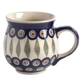 Boleslawcu Polish Pottery Handmade Bubble Mug 16 Oz Blue Peacock Feather Design