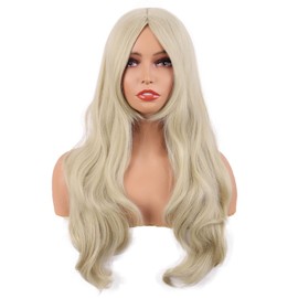 MapofBeauty 26 Inch/65 cm Fashion Long Layered Curtain Bangs Wavy Synthetic fiber Curly Hair Wig (Blonde)
