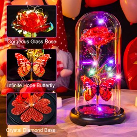 Pusuny Gifts for Women Birthday Gifts for Women, Galaxy Glass Rose Forever Eternal Crystal Flower Light Up Rose in Glass Dome with Butterfly for Women Her Mom Wife Friend Red