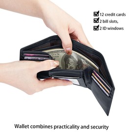 VANNANBA Mens Genuine Leather RFID Trifold Wallet With ID Window, Credit Card Pockets, blue, Rfid Wallet