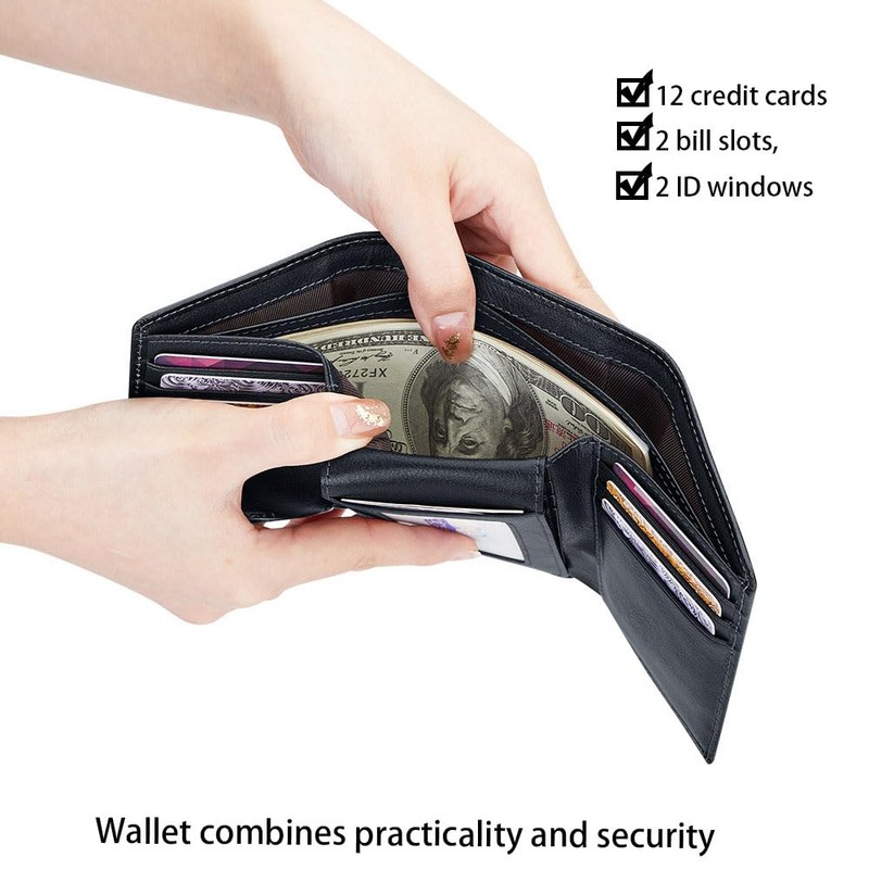 VANNANBA Mens Genuine Leather RFID Trifold Wallet With ID Window,