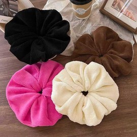 Microfiber Hair Drying Scrunchies Towel Fiber Large Big Scrunchie for Curl Hair for Shower Wet Anti Frizz Hair Products Absorbent Fast (Beige+Coffee+Black+Rose Red, One Size)