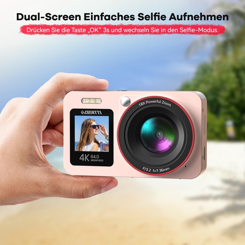 Fotocamera Digitale DEATTI 4K 64MP Con Zoom 18x - Compatta Per Vlog, Selfie E Video, Include Scheda 64GB E 2 Batterie