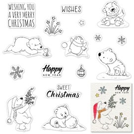 Christmas Happy New Year Clear Stamps for Card Making with Sentiments Words, Winter Bear Snowflake Flower Clear Rubber Stamp for Holiday Card Making Decoration and DIY Scrapbooking Album DIY Crafts