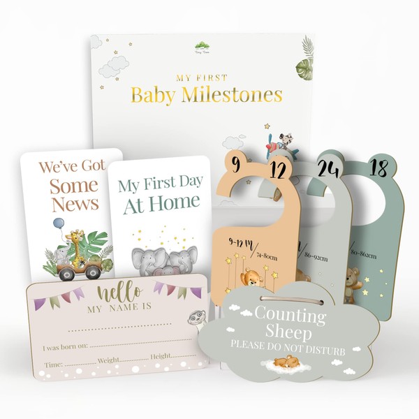 Tiny Trees Baby Milestone Gift Set - Premium Gifts and Keepsake Box - Milestone Cards, Closet Dividers, Welcome Plaque and Sleep Sign - Perfect New Born Baby Gifts for Parents