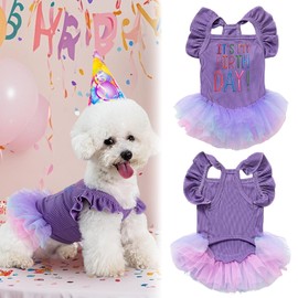 Yaopelky Dog Birthday Dress It's My Birthday Dog Dress Small Doggy Girl's Tutu Dresses Ruffle Sleeless Puppy Clothes Tulle Lace Skirt Pet Costume Cat Outfits (Purple, S)