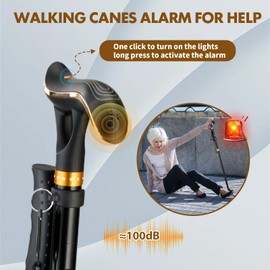 Walking Cane Folding Collapsible Adjustable Stability Balance Aluminum with Light Alarm for Seniors Women Men Black