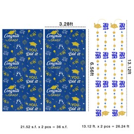 2025 Graduation Decorations 2 Pack Foil Fringe Curtains and 2 Pack Garlands Blue and Gold Banner Bunting Streamer Backdrop for Graduation Party Supplies