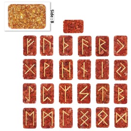 Amogeeli 25pcs Orgone Crystal Rune Stone Set Engraved with Elder Futhark Alphabet, Healing Rune Stones for Divination Meditation Reiki, Red Jasper