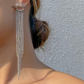 Wiwpar Long Chain Tassel Earrings Bohemian Long Chain Drop Dangle Earrings Fashion Sleek Metal Chain Earrings for Women Girls (Silver)