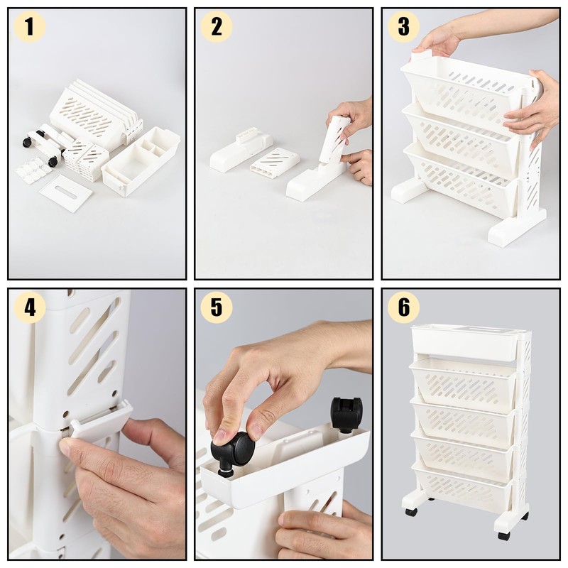 Tstorage Plastic Mobile Storage Bookshelf, 5-Tier Tableside Rolling Bookcase, Mobile