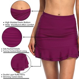 Hilor Women's High Waist Ruffled Swim Bottom Ruffle Swim Skirt - Red (Amaranth)