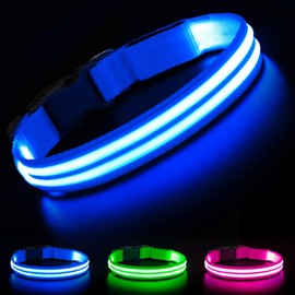 HIGO LED Dog Collar, USB Rechargeable Dog Collar Light Glow in The Dark, Flash Light Up Dog Collar for Your Dogs Walking at Night (Small, Blue)