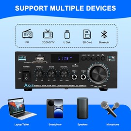 Audio Stereo Amplifiers, 2.0 Channel Speaker Bluetooth Amplifier for Karaoke and Speakers FM Radio with USB/2 MIC/SD/MMC/FM Inputs & LCD Display & Remote Control, Suitable for Home/Car Speaker