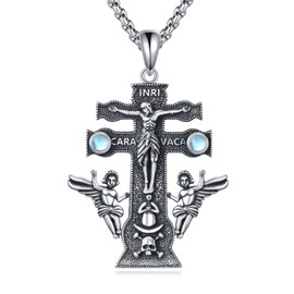LUHE Caravaca Cross Necklace Sterling Silver Caravaca Double Cross with Angels Crucifix Necklace Jewelry Gifts for Women Men (B-Caravaca Cross Necklace)