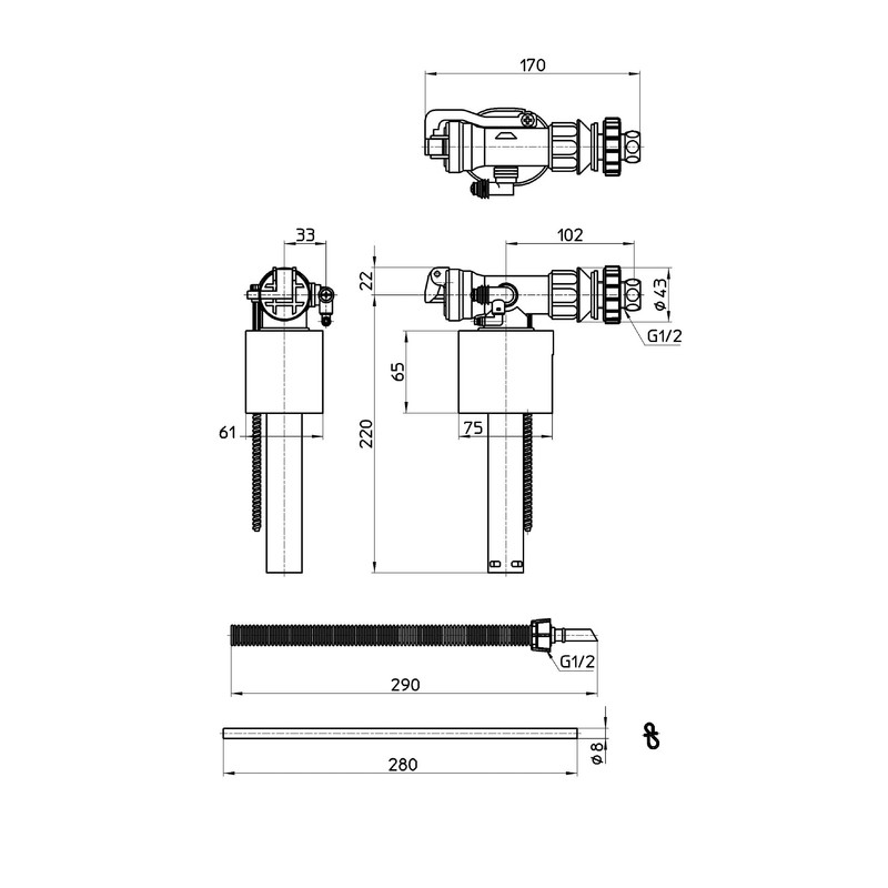SANEI V538-5X-13 Toilet Parts Universal Vertical Low Tank Ball Tap