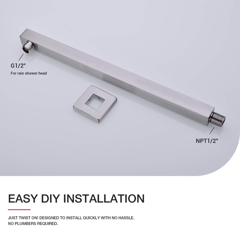 Square Shower Arm with Flange Heavy Duty Stainless Steel Rainfall