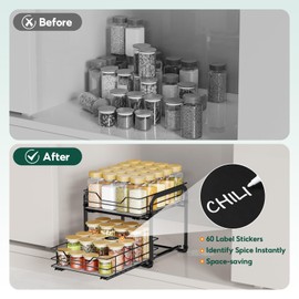 AHOMSEL Spice Rack Organizer for Cabinet - 2-Tier Vertical Pull Out Spice Rack, Heavy Duty Metal Spice Shelf with Easy to Install Design, Fits Countertop, Cabinet & Pantry