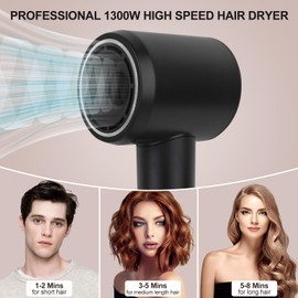 1300W Fast Drying Blow Dryer 120,000 RPM Professional High-Speed Negative Ionic Hair Dryer with 4 Temps & 2 Speeds Thermal-Control Low Noise with Magnetic Nozzle Lightweight Travel Hairdryers (Black)