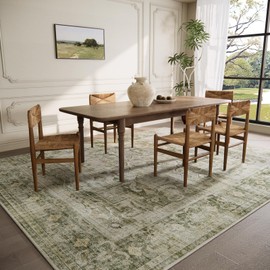 Washable Area Rugs for Living Room: 9 x12 Boho Rug Large Living Room Rug Stain Resistant Distressed Vintage Area Rug Non Slip Low Pile Faux Wool Soft Rug for Bedroom Playroom Farmhouse Dining Room