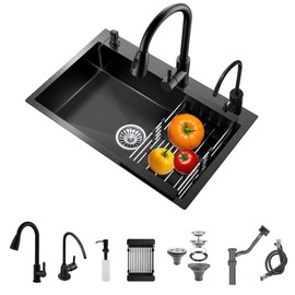 19.7 * 17.7in Drop In Kitchen Sink,Black Stainless Steel Single Bowl Sink,Topmount Workstation Sink With Pull Out Faucet,Soap Dispenser And Drain Basket