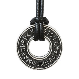 HAQUIL Viking Runes Necklace, Norse Runic Coin Talisman Pendant, Faux Leather Cord, Viking Jewelry Gift (AD)
