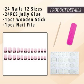 Jremg Leopard Print French Tip Press on Nails Medium Square Fake Nails with Glitter Designs Autumn Cheetah Glue on Nails Glossy French Tip False Nails Reusable Nude Pink Stick on Nails for Women 24Pcs