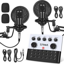 SINWE Podcast Equipment Bundle for 2, F993 Voice Changer with two 3.5mm Condenser Microphones, Live Sound Card - Audio Interface for Vlog/Live Streaming/Singing/YouTube/Gaming