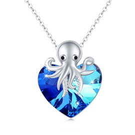ABIGY Octopus Necklace for Women, 925 Sterling Silver Octopus Crystal Heart Pendant Sea Animal Jewellery Gift for Mother Daughter Birthday Christmas, Sterling Silver, Octopus