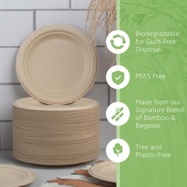 Ibambo 500 Pack Disposable Bamboo Paper Plates (7 inch) - Sturdy & Heavy Duty Plates | PFAS Free, Biodegradable & Compostable Plates | Microwave Safe, Ecofriendly Alternative to Paper & Plastic Plates