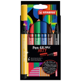 Premium Fibre-Tip Pen with Chisel Tip - STABILO Pen 68 MAX - ARTY - Pack of 6 - Assorted Colours